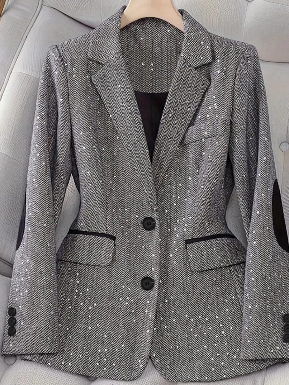 Women'S Elegant H-Silhouette Gray Textured Blazer - Single-Breasted Office Work